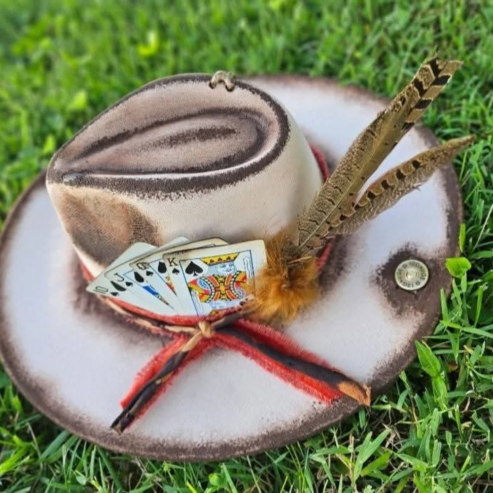 Brown Feathered Women's Hat with Playing Cards - Picture 2 of 5